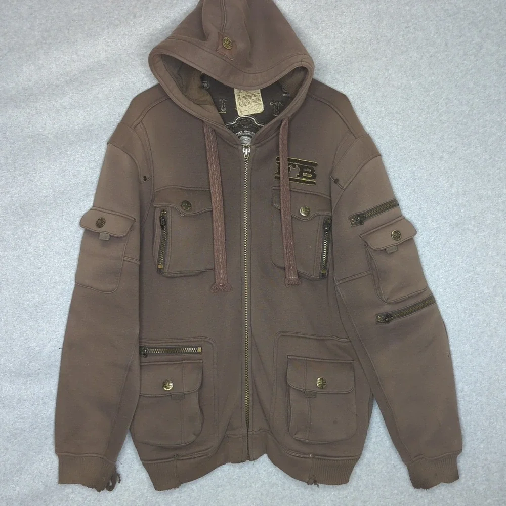 Vintage Brown Cargo Hooded Jacket L Full Zip Distressed Y2K Streetwear Spell out